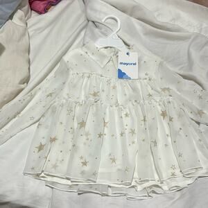 Mayoral 5 white gold stars long sleeve viscose polyester swing top lined nwt